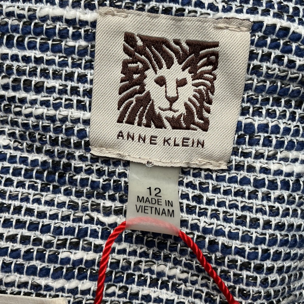 Anne‎ Klein Blue White Tweed Longline Fringed Topper Jacket Size 12 NEW - Picture 16 of 16